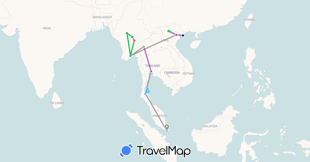 TravelMap itinerary: driving, bus, plane, train, hiking, boat in Myanmar (Burma), Singapore, Thailand, Vietnam (Asia)